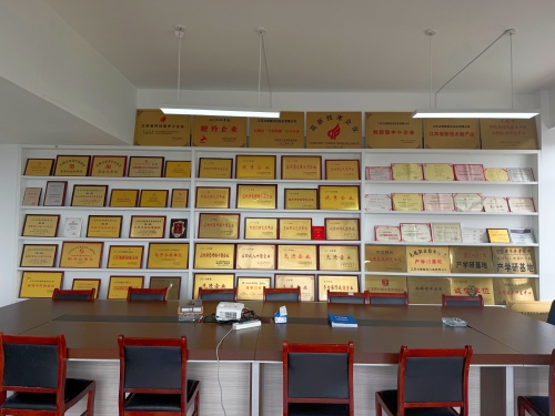 industrial honors and awards display wall at LEEV conveyor roller factory