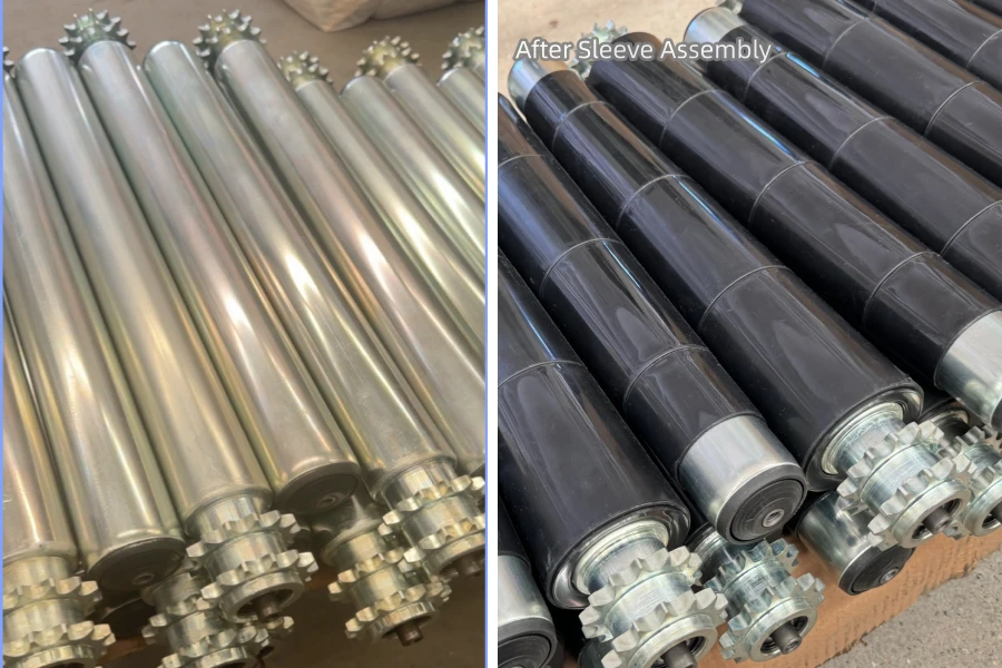 PVC tapered sleeve rollers before and after sleeve assembly on sprocket driven conveyor rollers