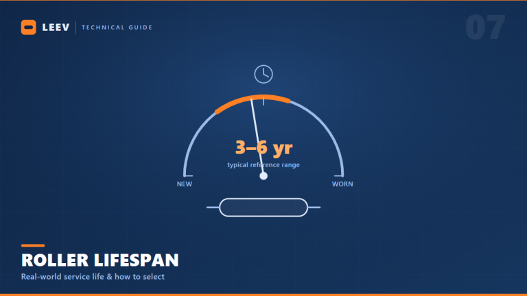 Conveyor roller lifespan gauge showing a 3 to 6 year typical service-life reference range