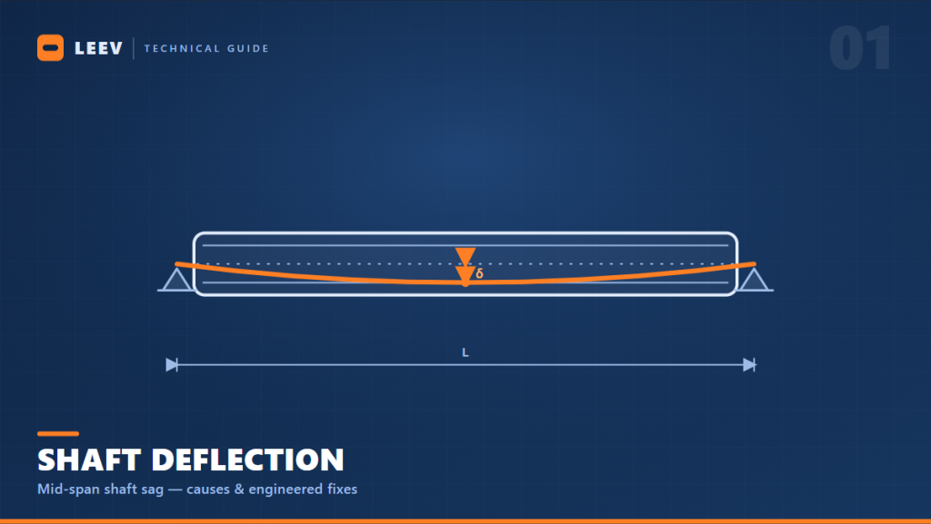Diagram of shaft deflection in a long conveyor roller: a straight rigid tube with the through-shaft bowing down until its centre touches the inner tube wall mid-span, between end bearings