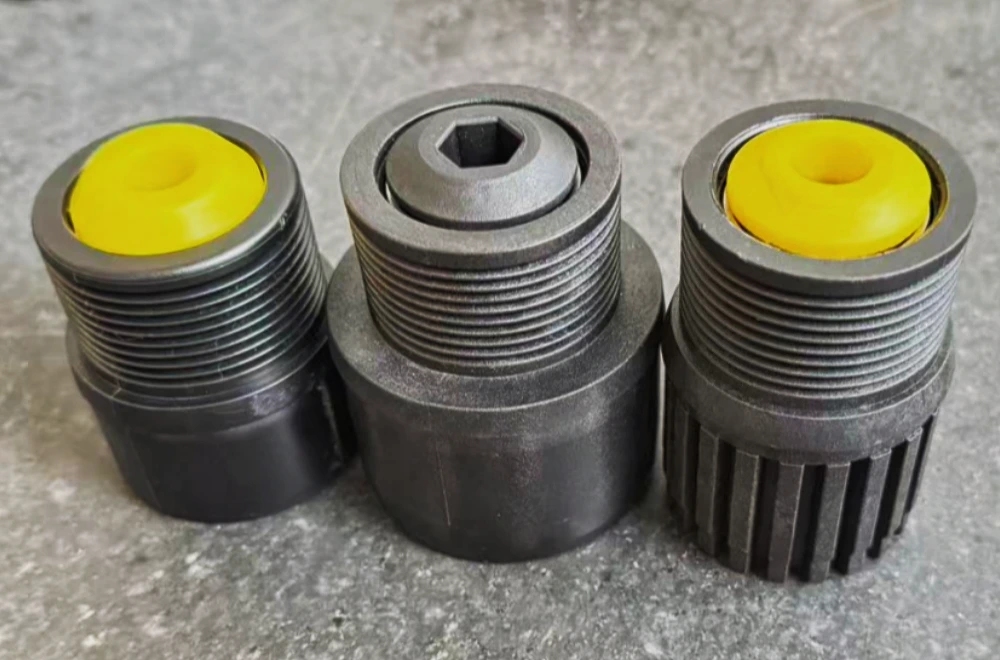 Three injection-molded plastic poly V pulleys with PJ grooves and yellow sprung end caps