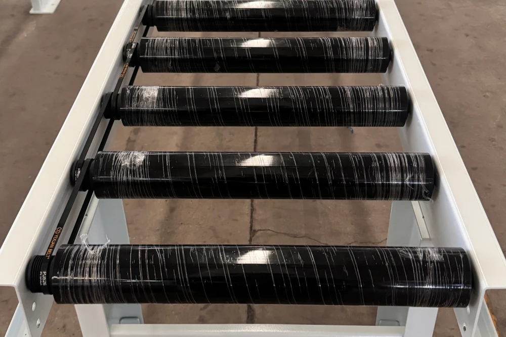 PU-coated poly V driven rollers installed on a powered roller conveyor