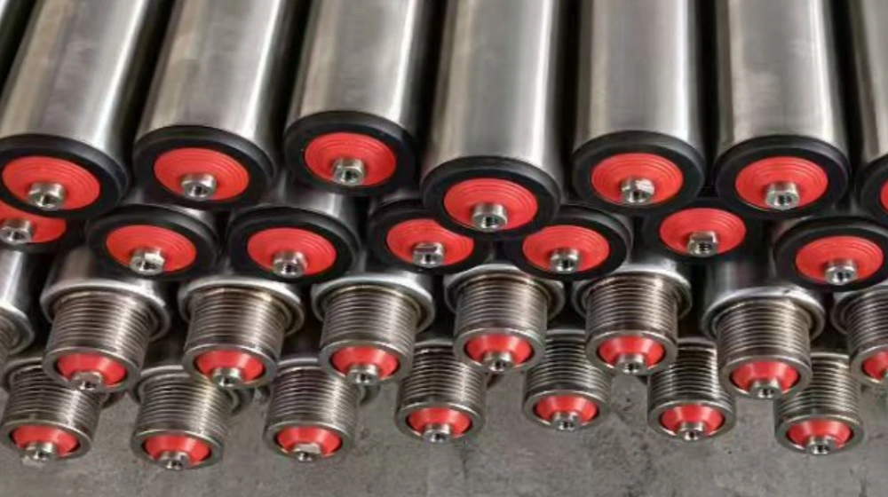 Stainless steel poly V conveyor rollers with machined PJ pulleys