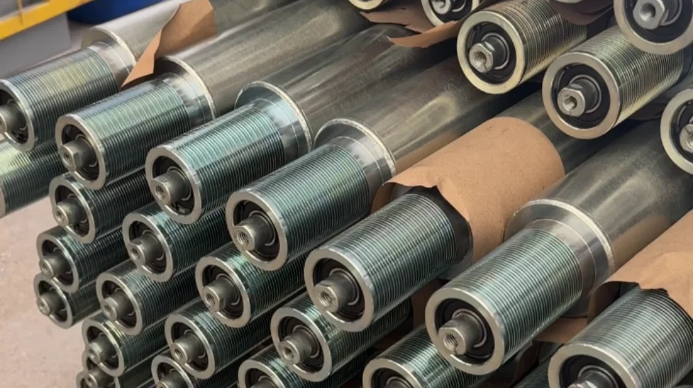 Steel poly V conveyor rollers with machined PJ pulleys, electrolytic-nickel plated