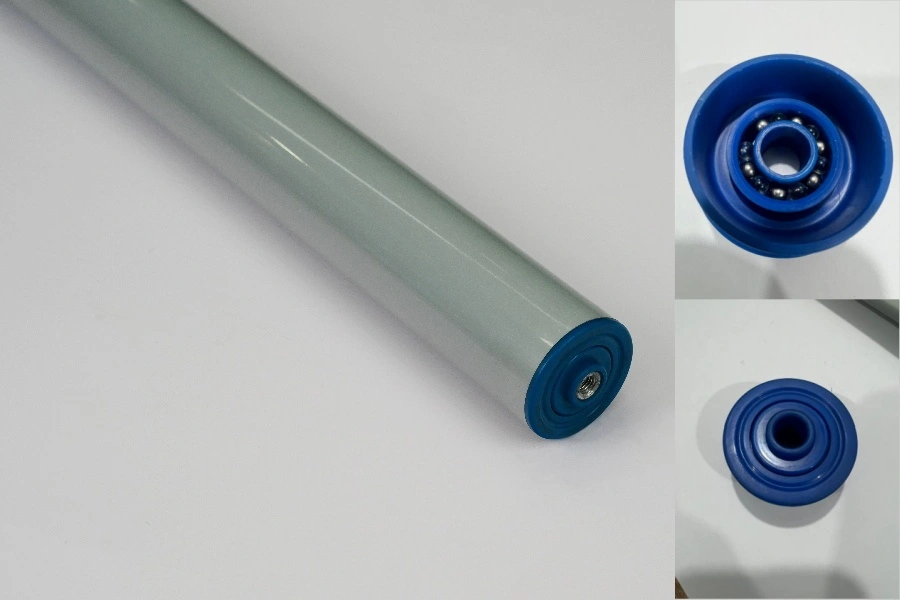 Special PVC conveyor roller with blue end cap and glass stainless steel bearing balls
